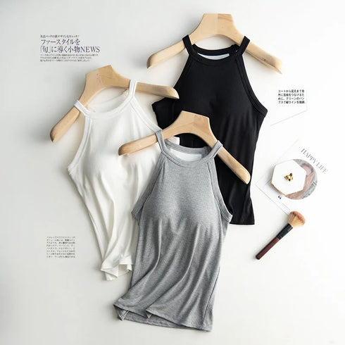 Slim Halter Neck Off-Shoulder Camisole Tops for Women - Stylish Solid Tank Tees with Chest Pad for Comfortable Summer Wear